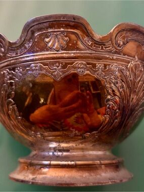 Vintage Japanese Victorian Revival Amber Centerpiece Bowl Silver Plate Pedestal